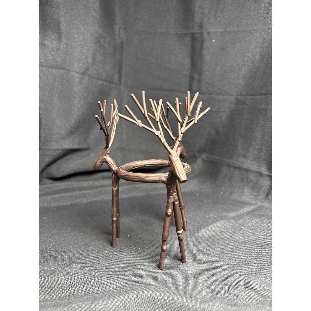 Rustic Metal Reindeer Pillar Candle‎ Holder 3 Deer Branch Antlers Bronze 7 Inch